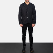 Borges Musta Nahkainen Bleiseri Miehille - Lateral Side Profile View Showing Sleeve Cut &amp; Athletic Taper Fit