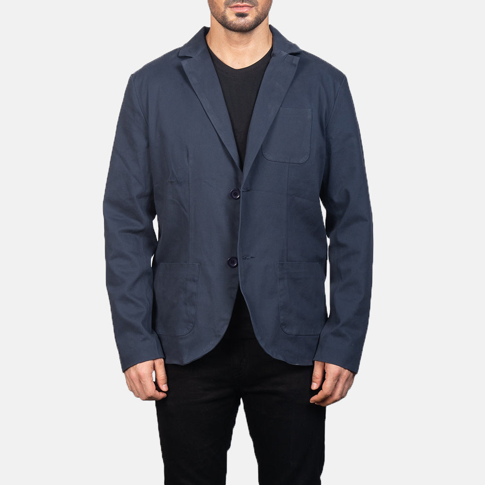 Borges Navy Blue Nahkainen Bleiseri Miehille in Navy Blue Poly-Cotton - Front Profile View &amp; Tailored Silhouette | Buy Online