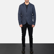Borges Navy Blue Nahkainen Bleiseri Miehille - Lateral Side Profile View Showing Sleeve Cut &amp; Athletic Taper Fit