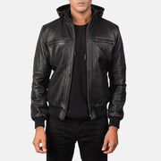
Bouncer Biz Black Leather Hooded Bomber Jacket in Black Cowhide Leather - Edestä ja räätälöity siluetti | Osta verkosta