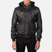 
Bouncer Biz Black Leather Hooded Bomber Jacket - Sivuprofiili ergonomisella hihanleikkauksella
