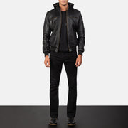 
Yksityiskohtainen lähikuva of Band & Zipper Hardware on Bouncer Biz Black Leather Hooded Bomber Jacket