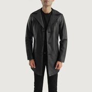 Brawnton Musta Nahkatakki Pitkä Miehille in Black Cowhide Leather - Front Profile View &amp; Tailored Silhouette | Buy Online
