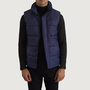Bryan Blue Puffer Vest Miehille in Blue Full-Grain Leather - Front Profile View &amp; Tailored Silhouette | Buy Online