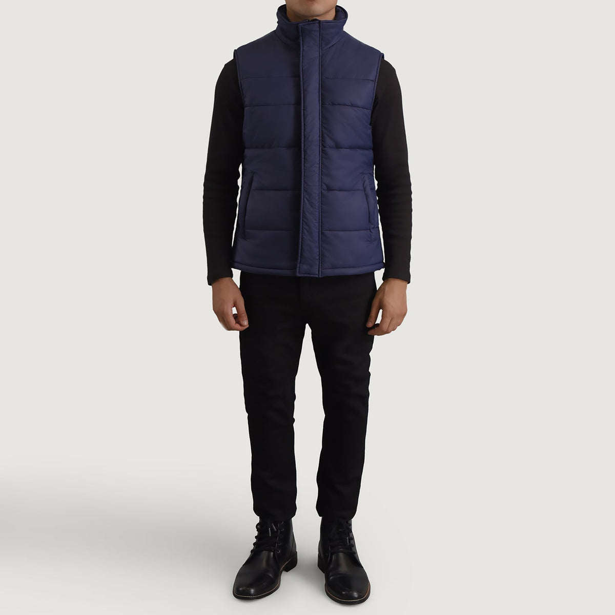 Bryan Blue Puffer Vest Miehille - Lateral Side Profile View Showing Sleeve Cut &amp; Athletic Taper Fit