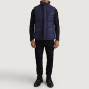 Bryan Blue Puffer Vest Miehille - Lateral Side Profile View Showing Sleeve Cut &amp; Athletic Taper Fit