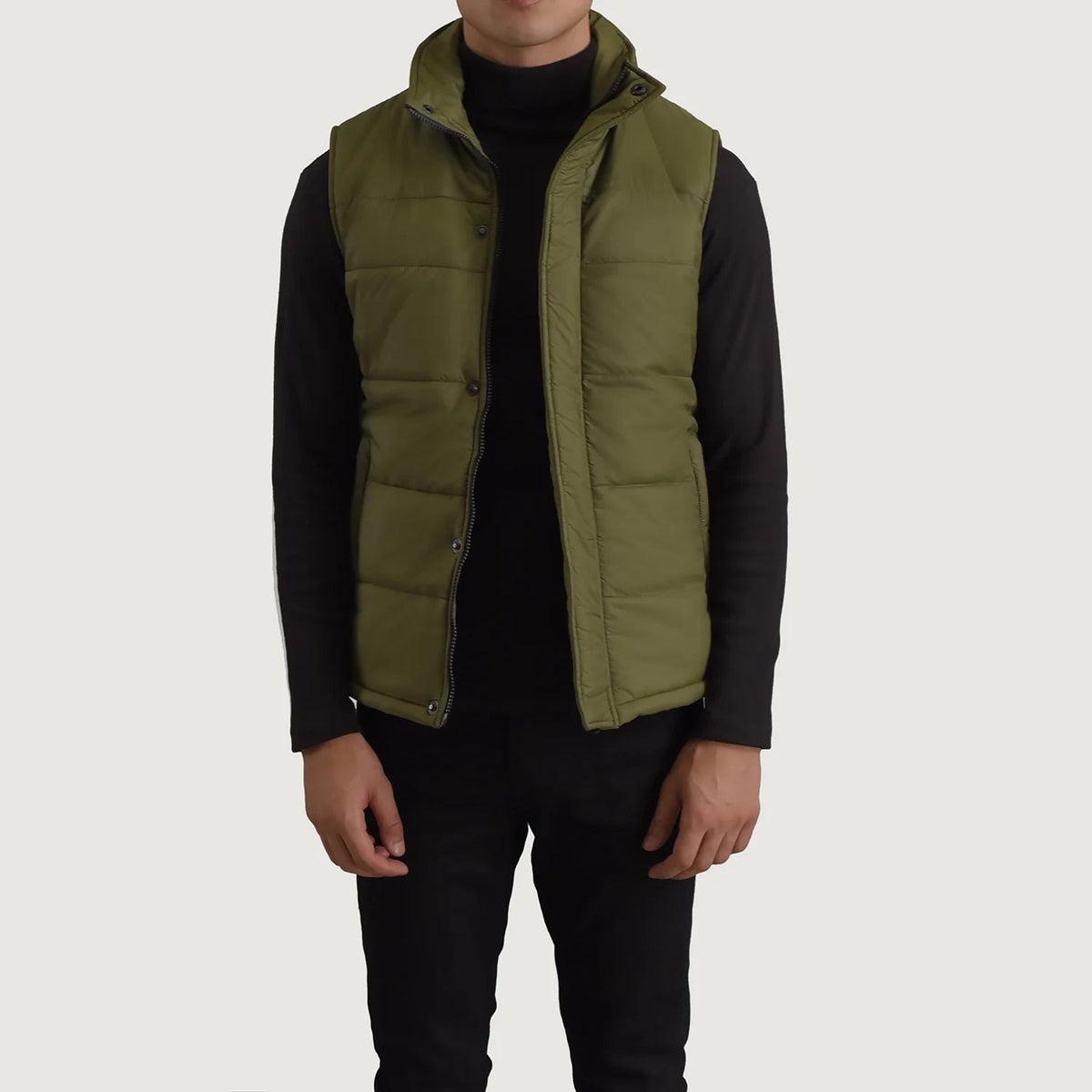 Bryan Green Puffer Vest Miehille in Green Full-Grain Leather - Front Profile View &amp; Tailored Silhouette | Buy Online