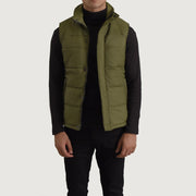 Bryan Green Puffer Vest Miehille in Green Full-Grain Leather - Front Profile View &amp; Tailored Silhouette | Buy Online