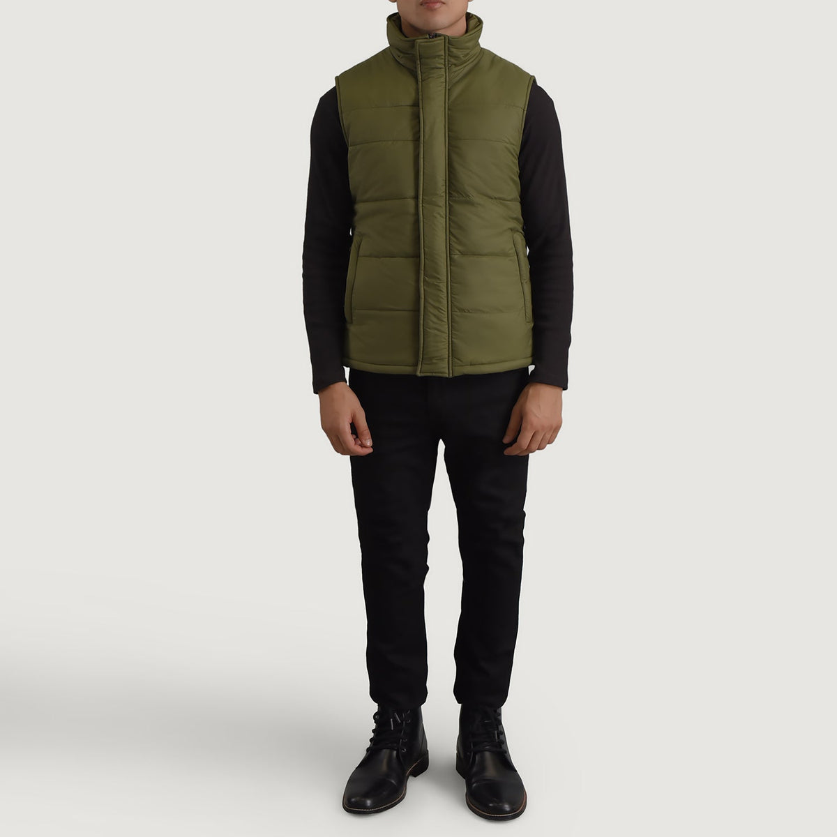 Bryan Green Puffer Vest Miehille - Lateral Side Profile View Showing Sleeve Cut &amp; Athletic Taper Fit