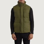 Close-Up Detail of Classic Collar &amp; Zipper With Placket Hardware on Bryan Green Puffer Vest Miehille