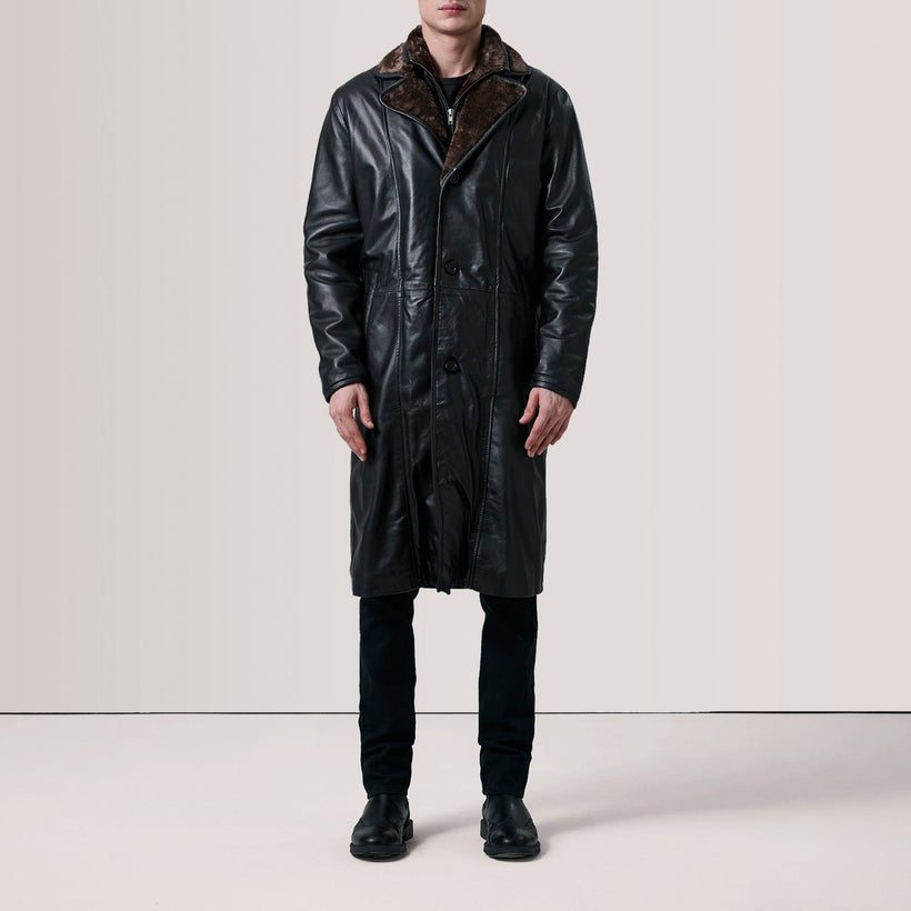 Cai Musta Leather Shearling Nahkatakki pitkä Miehille