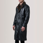 Cai Musta Leather Shearling Nahkatakki Pitkä Miehille For Men - Lateral Side Profile View Showing Sleeve Cut &amp; Athletic Taper Fit