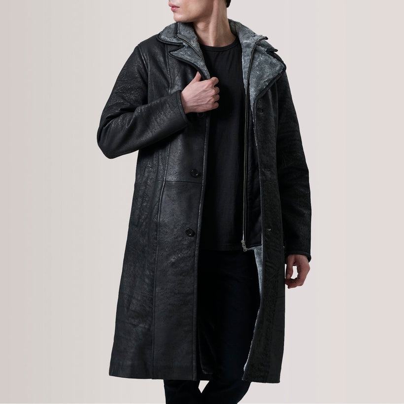 Cai Distressed Musta Leather Shearling Nahkatakki pitkä Miehille