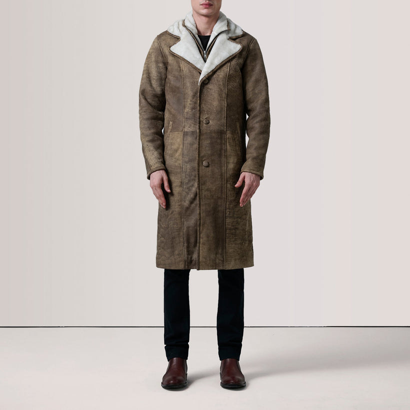 Cai Distressed Ruskea Leather Shearling Nahkatakki pitkä Miehille