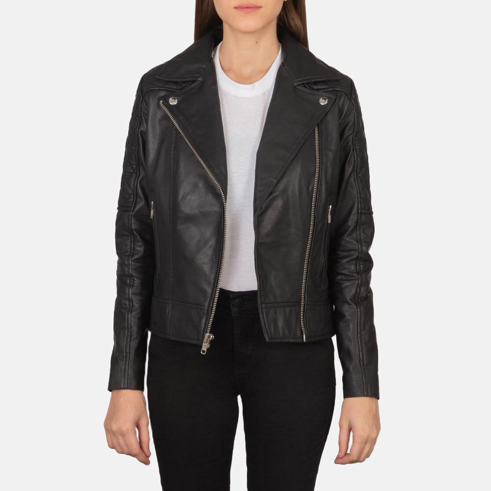 Women's Carolyn Quilted Black Biker Jacket in Black Goatskin Leather - Front Profile View & Tailored Silhouette | Buy Online