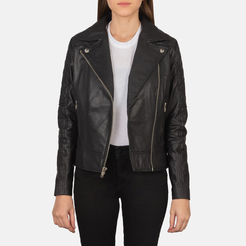 Carolyn Quilted Musta Nahkainen Biker-takki Naisille