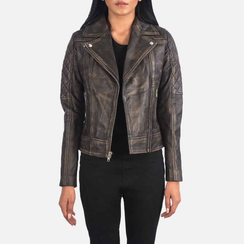 Carolyn Quilted Distressed Ruskea Nahkainen Biker-takki Naisille