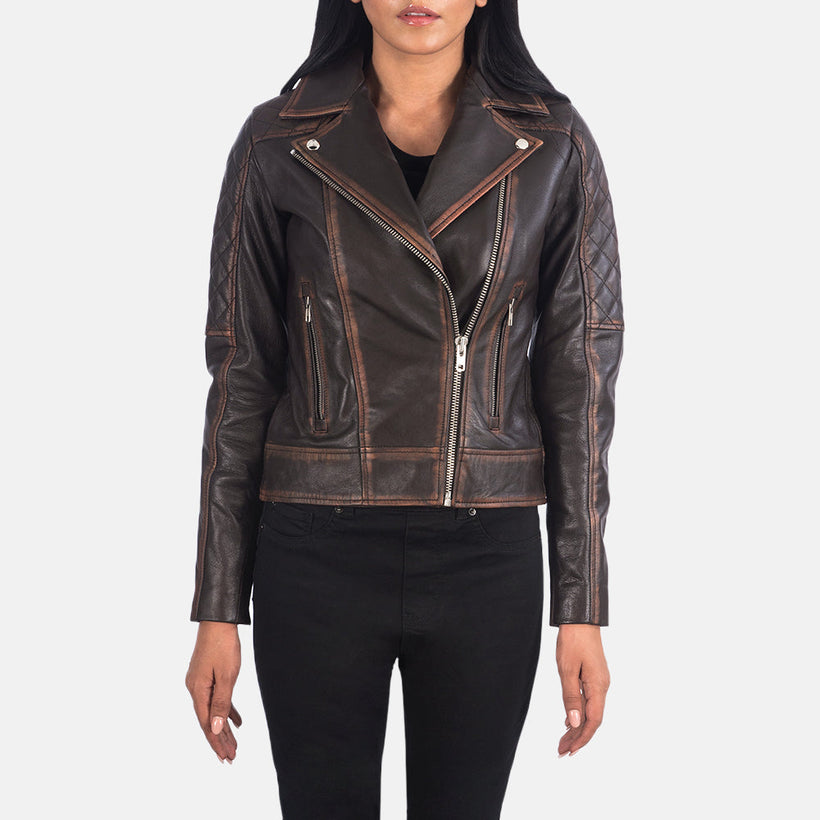 Carolyn Quilted Vintage Ruskea Nahkainen Biker-takki Naisille