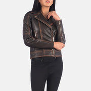
Yksityiskohtainen lähikuva of Notch & Zipper Hardware on Carolyn Quilted Vintage Brown Biker Jacket