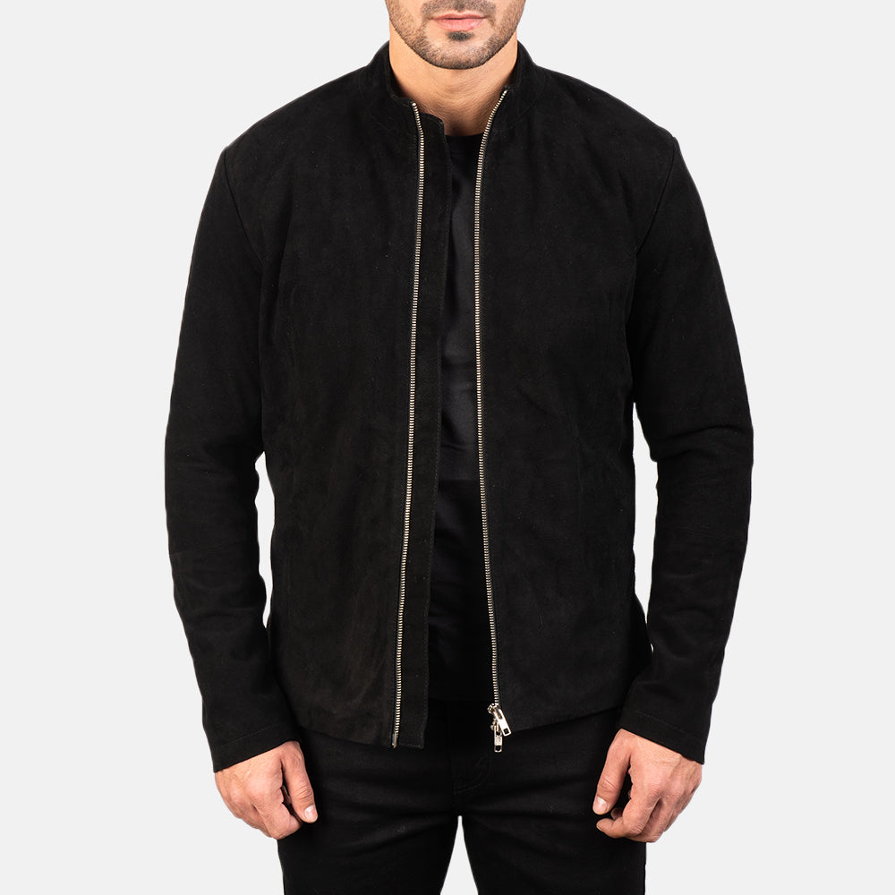 Men's Charcoal Musta Suede Nahkainen Biker-takki Miehille in Black Goatskin Suede - Front Profile View &amp; Tailored Silhouette | Buy Online