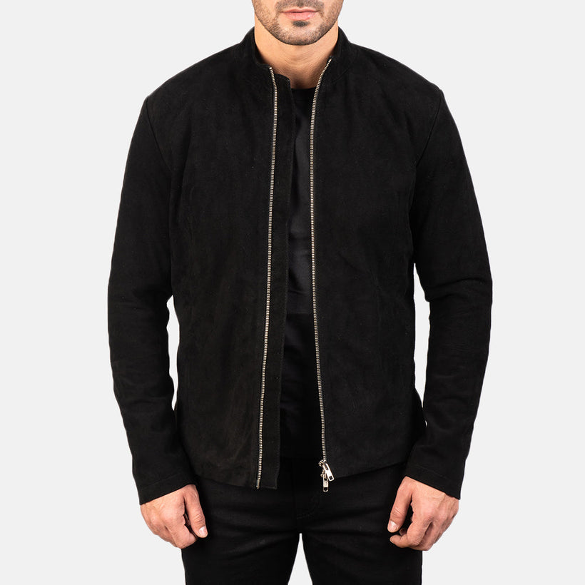 Charcoal Musta Suede Nahkainen Biker-takki Miehille