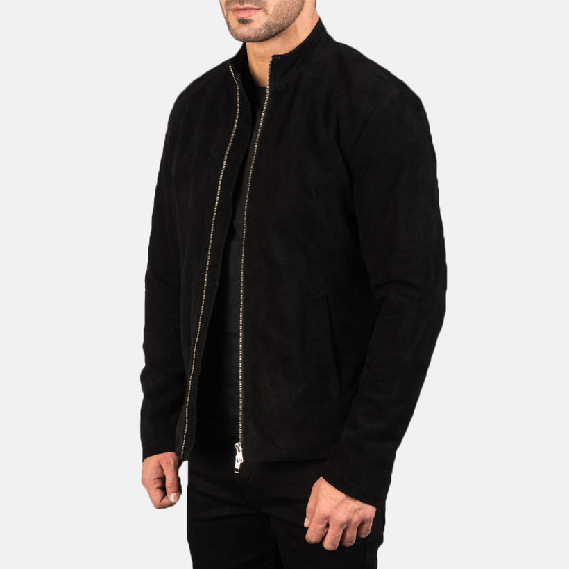 Charcoal Musta Suede Nahkainen Biker-takki Miehille