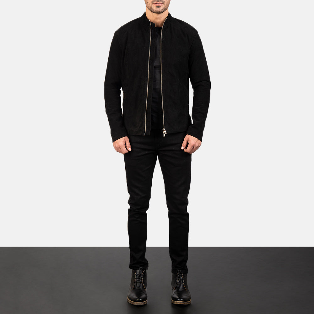 Men's Charcoal Musta Suede Nahkainen Biker-takki Miehille - Lateral Side Profile View Showing Sleeve Cut &amp; Athletic Taper Fit