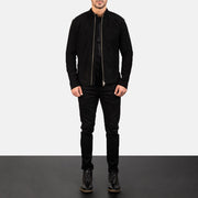 Men's Charcoal Musta Suede Nahkainen Biker-takki Miehille - Lateral Side Profile View Showing Sleeve Cut &amp; Athletic Taper Fit