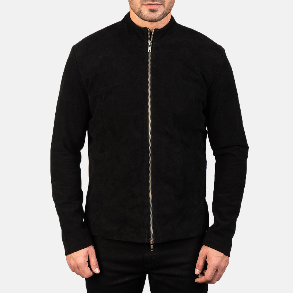 Close-Up Detail of Mandarin &amp; Zipper with Dual Puller Hardware on Men's Charcoal Musta Suede Nahkainen Biker-takki Miehille