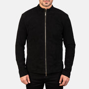 Close-Up Detail of Mandarin &amp; Zipper with Dual Puller Hardware on Men's Charcoal Musta Suede Nahkainen Biker-takki Miehille