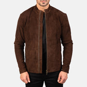 Men's Charcoal Mocha Suede Nahkainen Biker-takki Miehille in Dark Brown Goatskin Suede - Front Profile View &amp; Tailored Silhouette | Buy Online