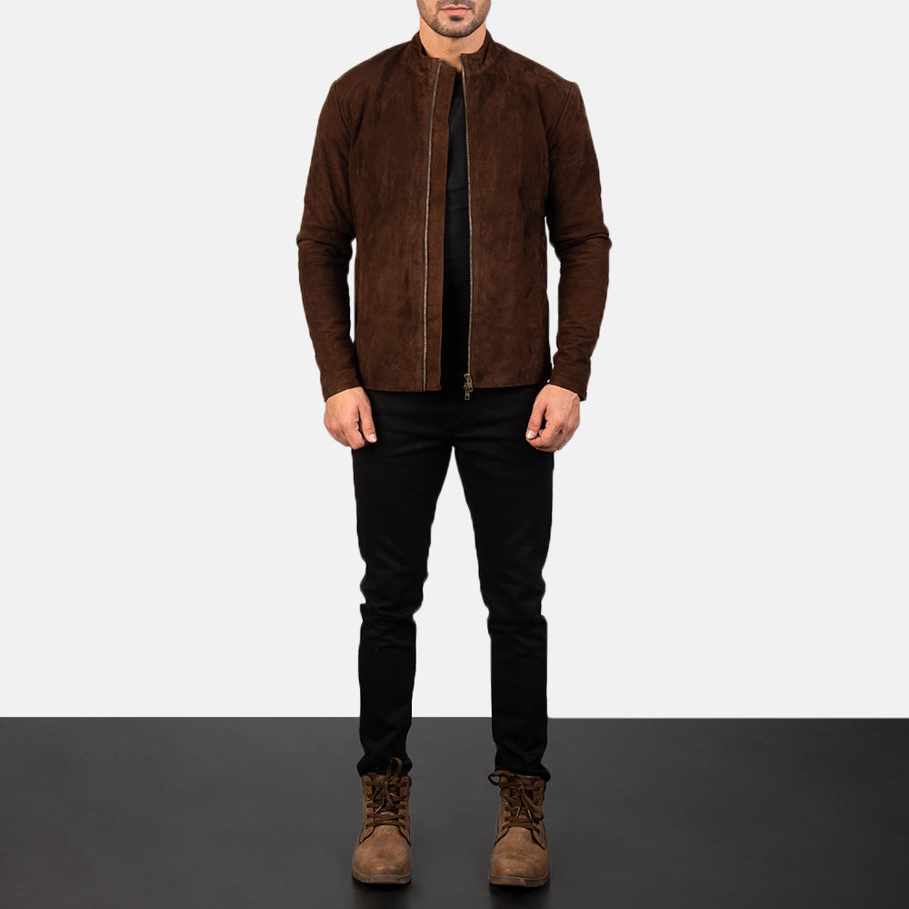 Men's Charcoal Mocha Suede Nahkainen Biker-takki Miehille - Lateral Side Profile View Showing Sleeve Cut &amp; Athletic Taper Fit