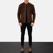 Men's Charcoal Mocha Suede Nahkainen Biker-takki Miehille - Lateral Side Profile View Showing Sleeve Cut &amp; Athletic Taper Fit