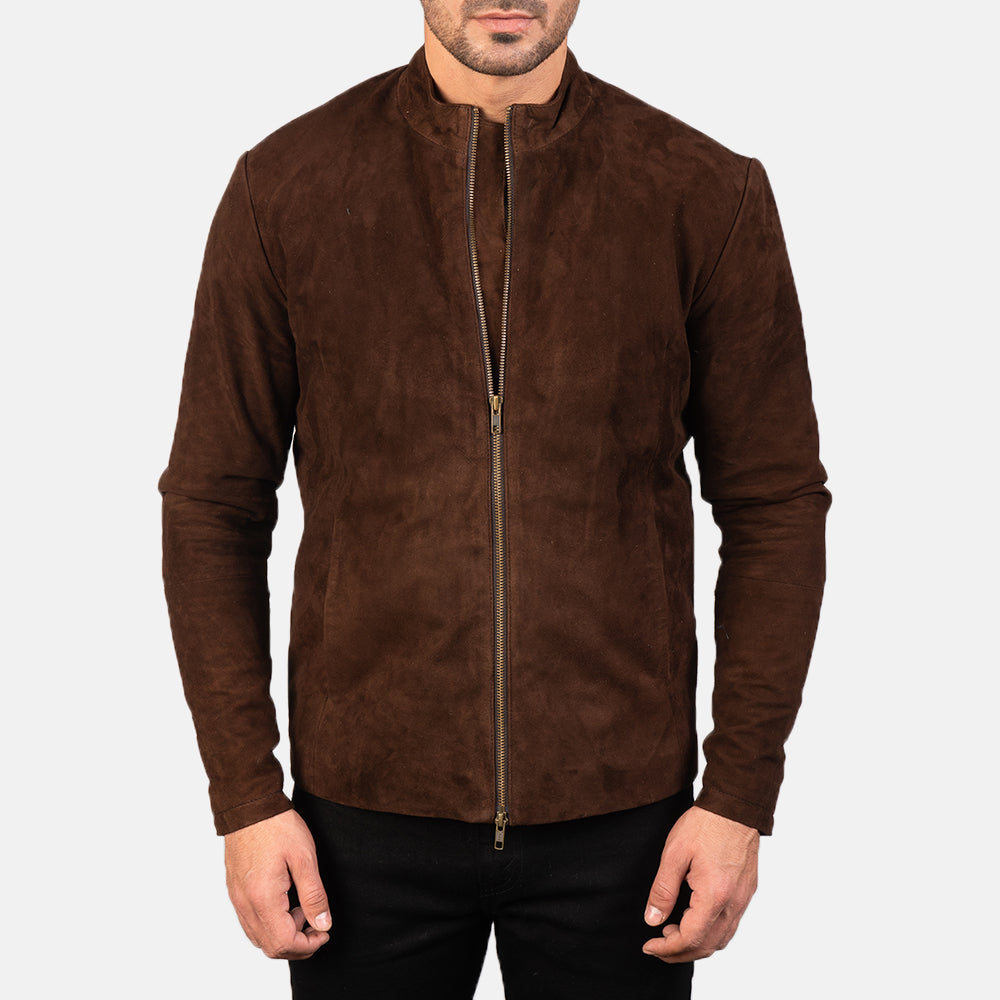 Close-Up Detail of Mandarin &amp; Zipper with Dual Puller Hardware on Men's Charcoal Mocha Suede Nahkainen Biker-takki Miehille