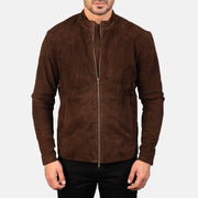 Close-Up Detail of Mandarin &amp; Zipper with Dual Puller Hardware on Men's Charcoal Mocha Suede Nahkainen Biker-takki Miehille