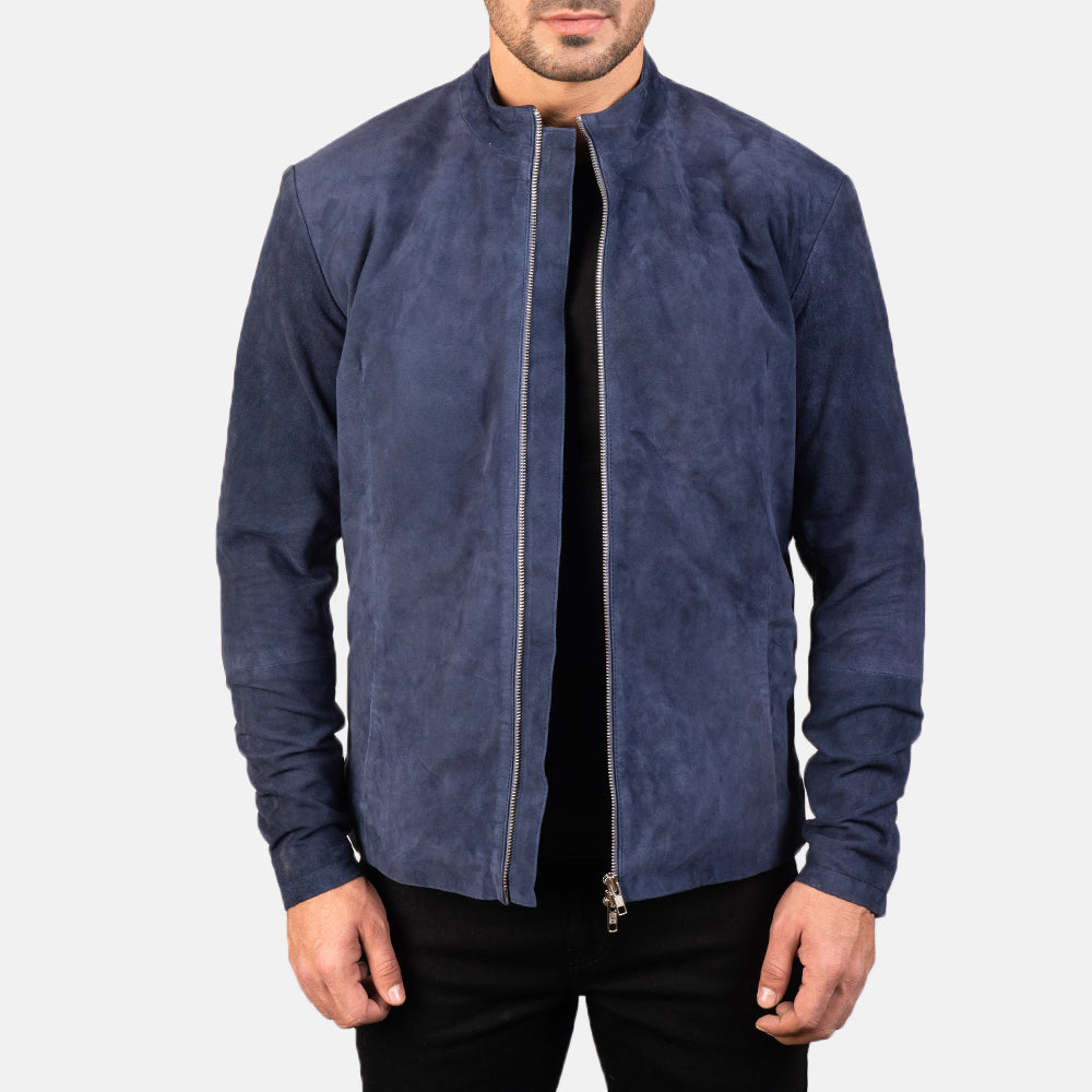 
Charcoal Navy Sininen Suede Nahkainen Biker-takki Miehille in Navy Blue Goatskin Suede - Edestä ja räätälöity siluetti | Osta verkosta