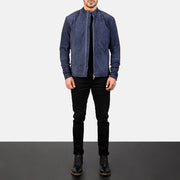 
Charcoal Navy Sininen Suede Nahkainen Biker-takki Miehille - Sivuprofiili ergonomisella hihanleikkauksella