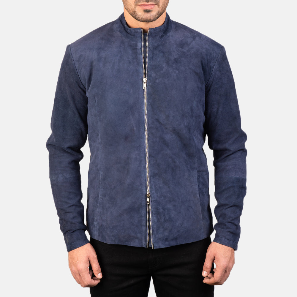 
Yksityiskohtainen lähikuva of Mandarin & Zipper with Dual Puller Hardware on Charcoal Navy Sininen Suede Nahkainen Biker-takki Miehille