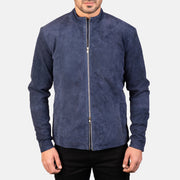 
Yksityiskohtainen lähikuva of Mandarin & Zipper with Dual Puller Hardware on Charcoal Navy Sininen Suede Nahkainen Biker-takki Miehille
