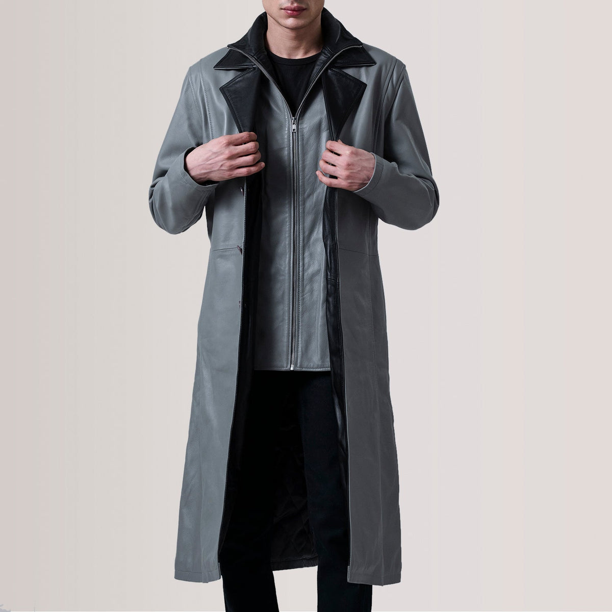 Charlton Grey Leather Single Breasted Coat For Men in Grey Sheepskin Leather - Front Profile View & Tailored Silhouette | Buy Online