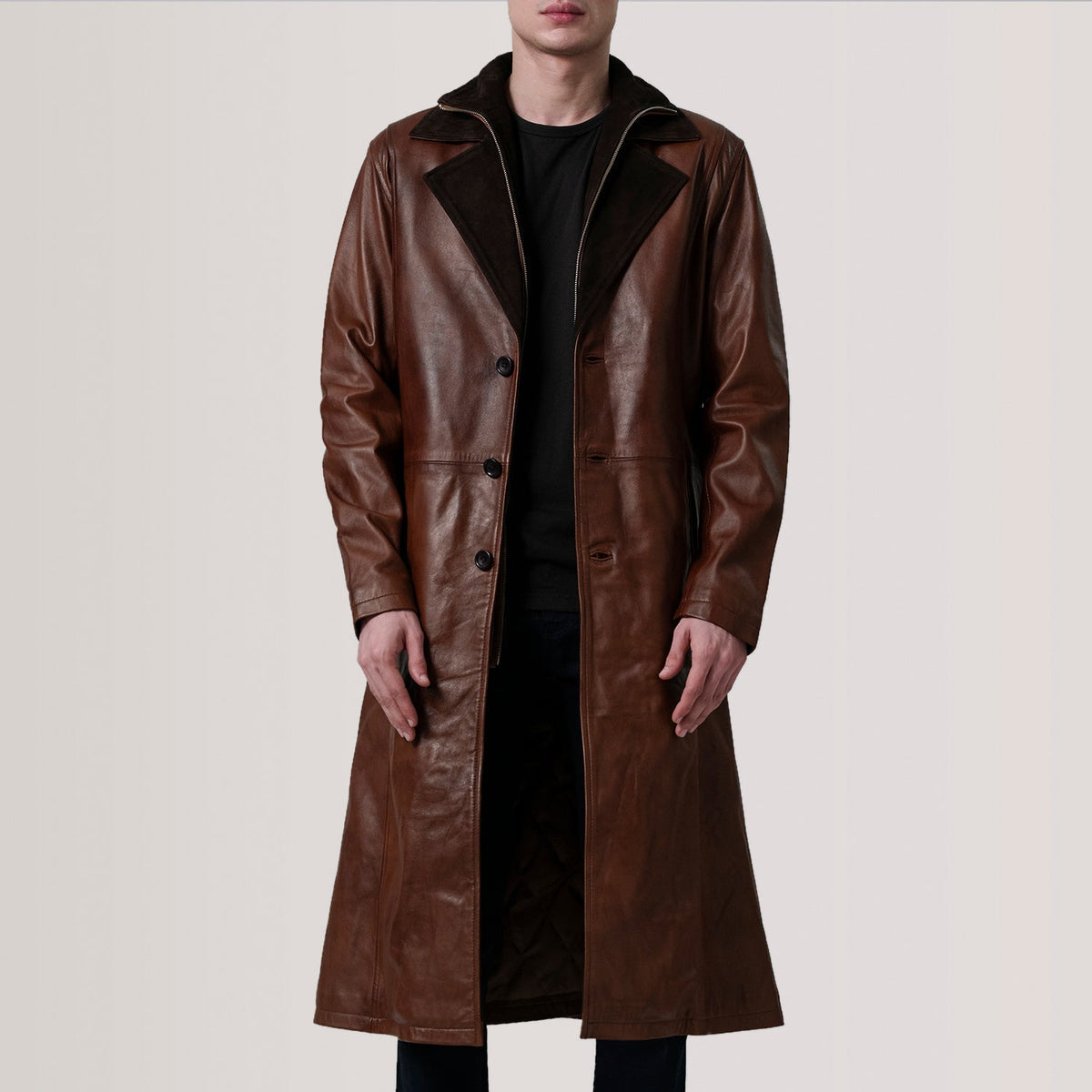 
Charlton Waxed Ruskea Leather Single Breasted Nahkatakki pitkä Miehille For Men in Distressed Brown Sheepskin Burnished - Edestä ja räätälöity siluetti | Osta verkosta