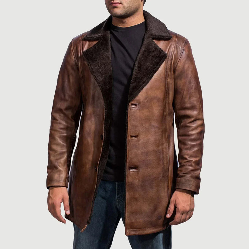 Cinnamon Distressed Leather Fur Nahkatakki Pitkä Miehille