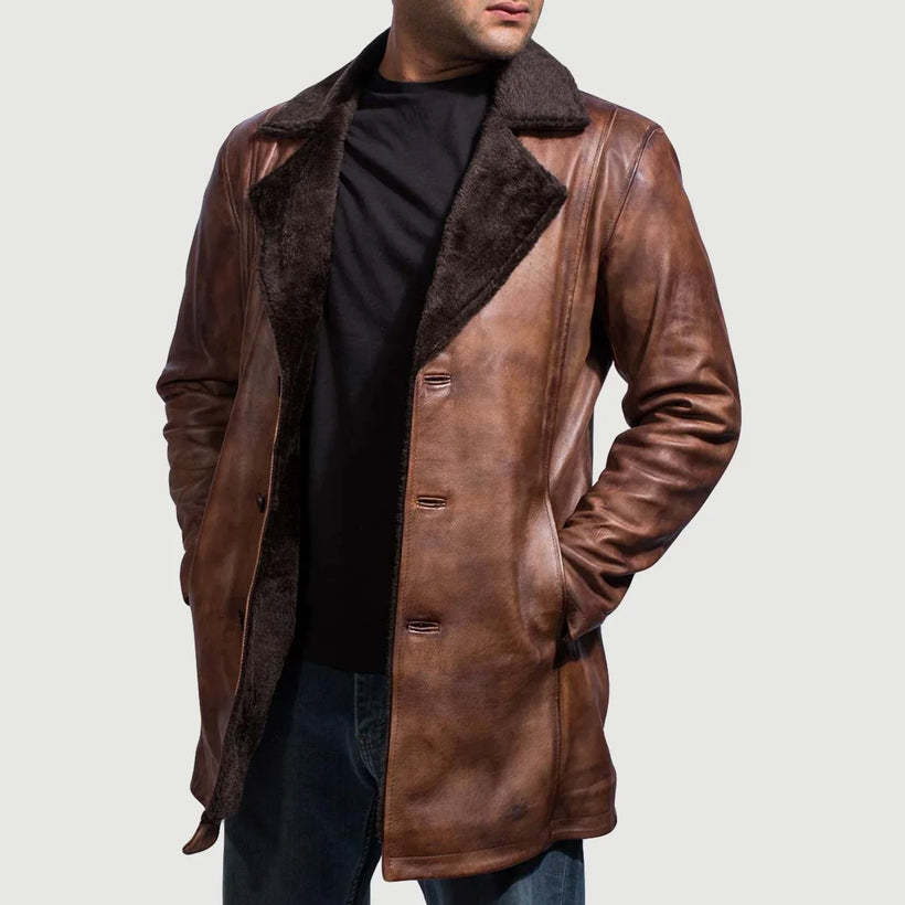 Cinnamon Distressed Leather Fur Nahkatakki Pitkä Miehille