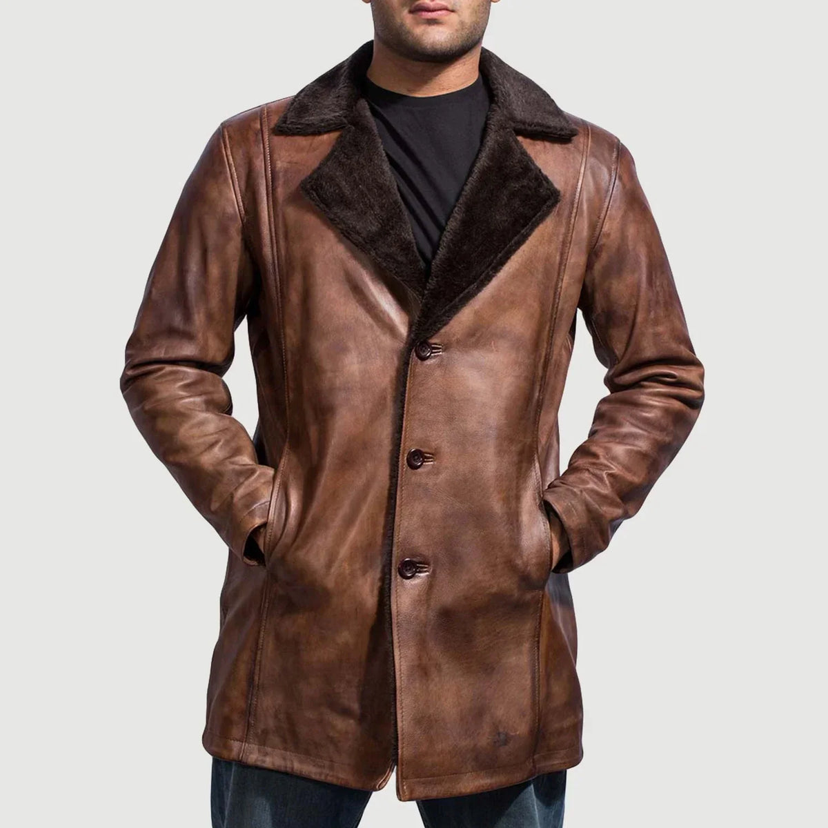 Men's Cinnamon Distressed Leather Fur Nahkatakki Pitkä Miehille - Lateral Side Profile View Showing Sleeve Cut &amp; Athletic Taper Fit