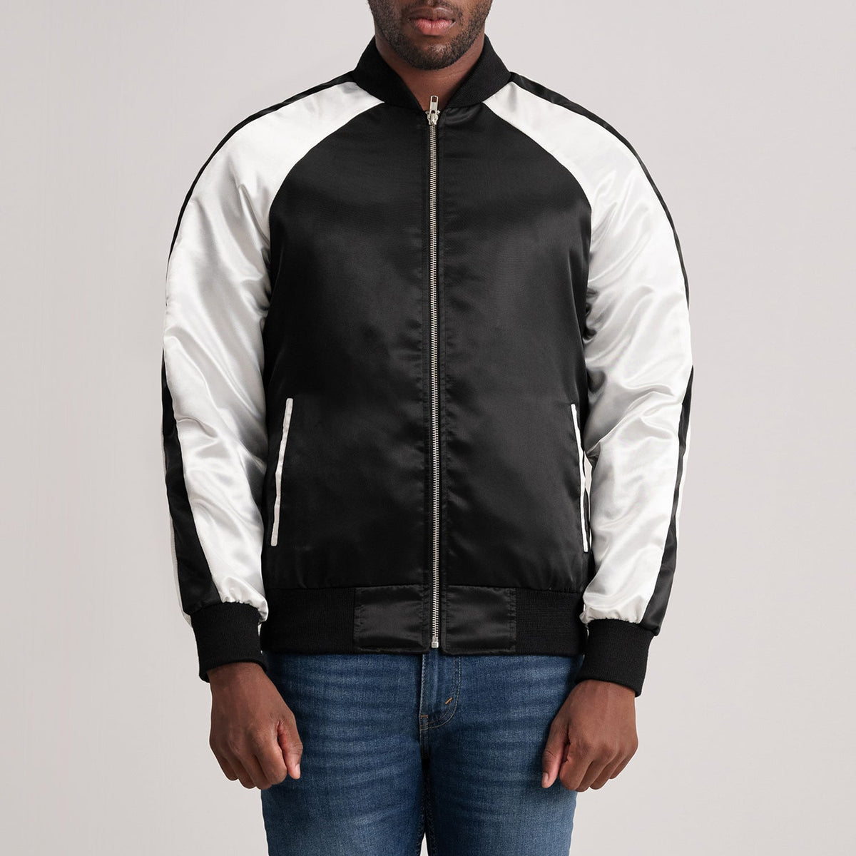 Clarke Musta Varsity Nahkatakki Miehille in Black &amp; White Satin - Front Profile View &amp; Tailored Silhouette | Buy Online