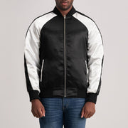 Clarke Musta Varsity Nahkatakki Miehille in Black &amp; White Satin - Front Profile View &amp; Tailored Silhouette | Buy Online