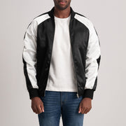 Clarke Musta Varsity Nahkatakki Miehille - Lateral Side Profile View Showing Sleeve Cut &amp; Athletic Taper Fit