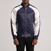 Clarke Blue Varsity Nahkatakki Miehille in Blue &amp; White Satin - Front Profile View &amp; Tailored Silhouette | Buy Online