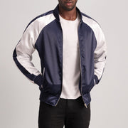 Clarke Blue Varsity Nahkatakki Miehille - Lateral Side Profile View Showing Sleeve Cut &amp; Athletic Taper Fit