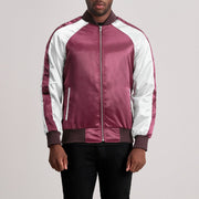 Clarke Maroon Varsity Nahkatakki Miehille in Maroon &amp; White Satin - Front Profile View &amp; Tailored Silhouette | Buy Online